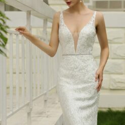 Robe de mariée ajustée pailletée avec décolleté en V profond | Soirée Blanche