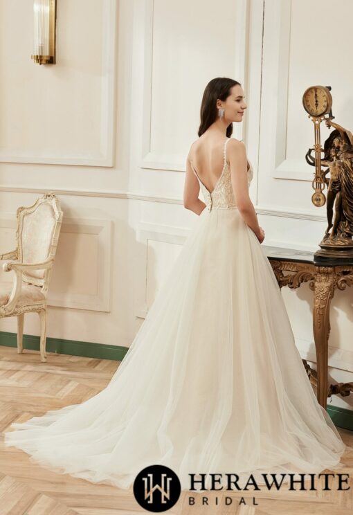 Robe de mariée A à bretelles spaghetti champagne romantique | Soirée Blanche