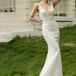 Robe de mariée ajustée pailletée avec décolleté en V profond | Soirée Blanche