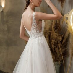 Robe de mariée en tulle avec col en V et double bande à la taille | Soirée Blanche