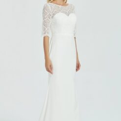 Robe de mariée fourreau en crêpe à manches 3/4 et dentelle | Soirée Blanche