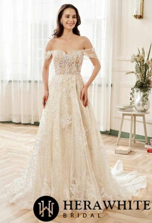 Robe de mariée en tulle à paillettes dentelle florale et bretelles amovibles | Soirée Blanche
