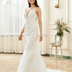 Robe de mariée col V plongeant dentelle brodée argentée avec traîne | Soirée Blanche