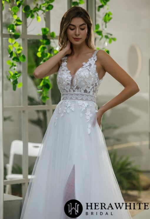Robe de mariée A en dentelle florale avec jupe en tulle | Soirée Blanche
