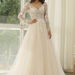 Robe de Mariée Princesse à Manches Longues et dentelle florale | Soirée Blanche
