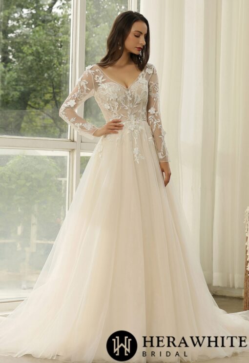 Robe de Mariée Princesse à Manches Longues et dentelle florale | Soirée Blanche