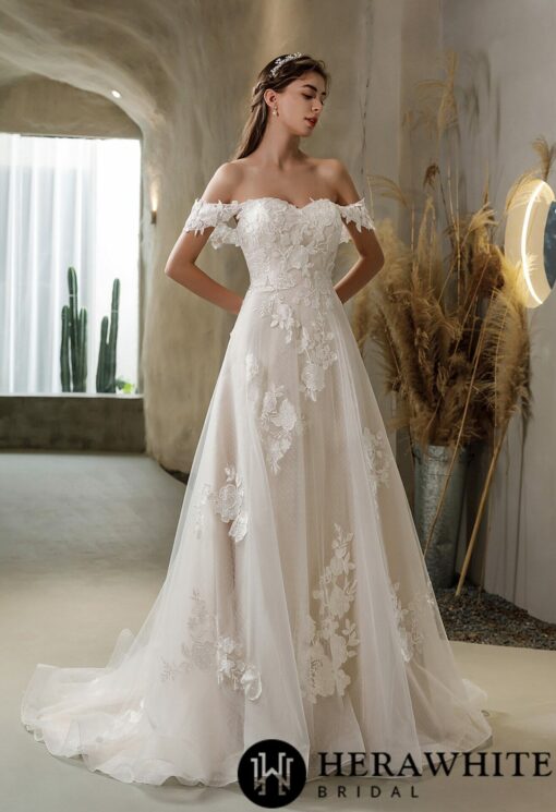 Robe de mariée en dentelle florale avec bretelles détachables aux épaules | Soirée Blanche