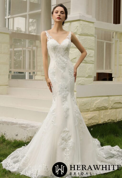 Robe de mariée fourreau ajustée à double traîne | Soirée Blanche