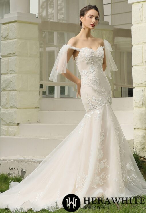 Robe de mariée sirène en dentelle florale avec manches en tulle détachables | Soirée Blanche