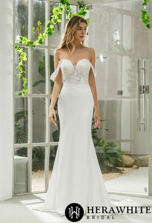 Robe de mariée fourreau en crêpe et dentelle fine florale | Soirée Blanche