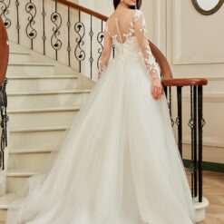 Robe de mariée princesse en dentelle à manches longues et traîne de chapelle en illusion | Soirée Blanche