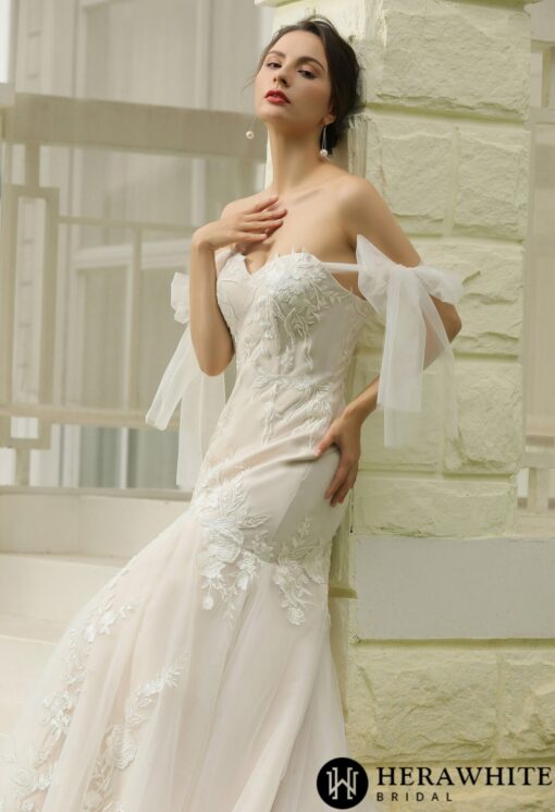 Robe de mariée sirène en dentelle florale avec manches en tulle détachables | Soirée Blanche