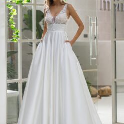 Robe de mariée A en satin avec poches et corsage illusion | Soirée Blanche