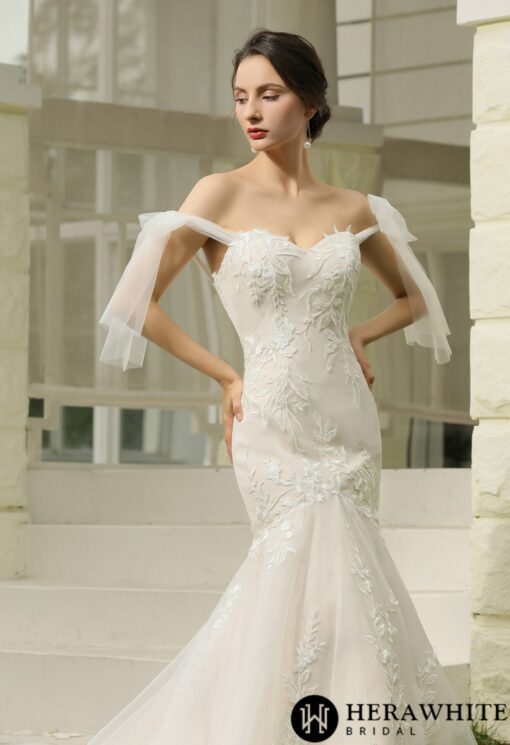 Robe de mariée sirène en dentelle florale avec manches en tulle détachables | Soirée Blanche