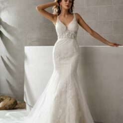 Robe de mariée sirène en dentelle symétrique avec traîne transparente | Soirée Blanche