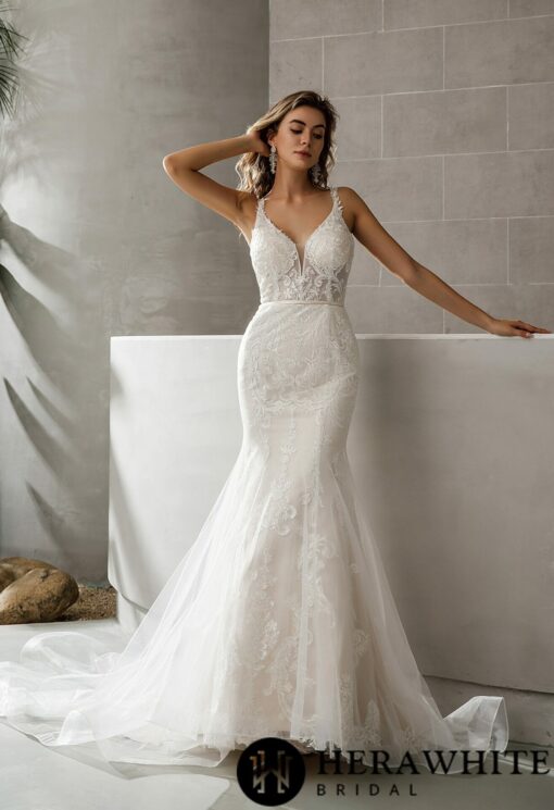 Robe de mariée sirène en dentelle symétrique avec traîne transparente | Soirée Blanche