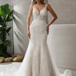 Robe de mariée sirène en dentelle symétrique avec traîne transparente | Soirée Blanche