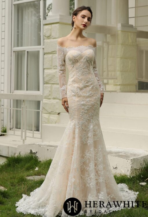 Robe de mariée sirène décolletée avec dentelle illusion | Soirée Blanche