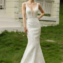 Robe de mariée ajustée pailletée avec décolleté en V profond | Soirée Blanche