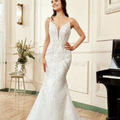 Robe de mariée col V plongeant dentelle brodée argentée avec traîne | Soirée Blanche