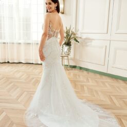 Robe de mariée col V plongeant dentelle brodée argentée avec traîne | Soirée Blanche