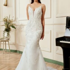 Robe de mariée col V plongeant dentelle brodée argentée avec traîne | Soirée Blanche