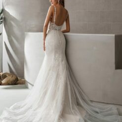 Robe de mariée sirène en dentelle symétrique avec traîne transparente | Soirée Blanche