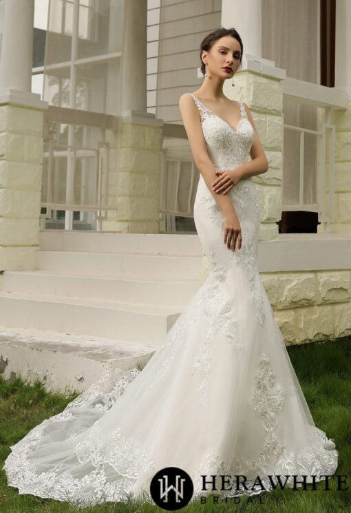 Robe de mariée fourreau ajustée à double traîne | Soirée Blanche