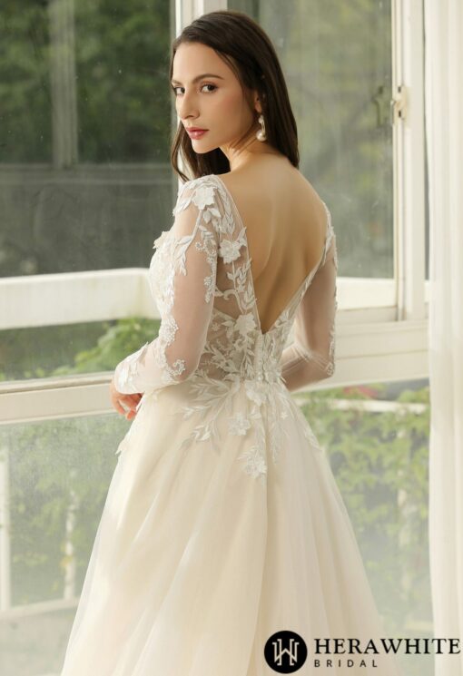 Robe de Mariée Princesse à Manches Longues et dentelle florale | Soirée Blanche