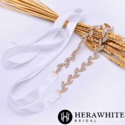 Ceinture de Mariée en Satin et Feuilles en Cristaux | Soirée Blanche