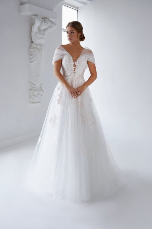 Robe De Mariée Princesse Fleurie Manche Tombante Blanche | Soirée Blanche