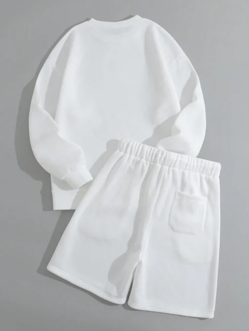 Ensemble Blanc Pour Homme À Lettres À Doublure Thermique Sweat-shirt & À Cordon Short – Image 2
