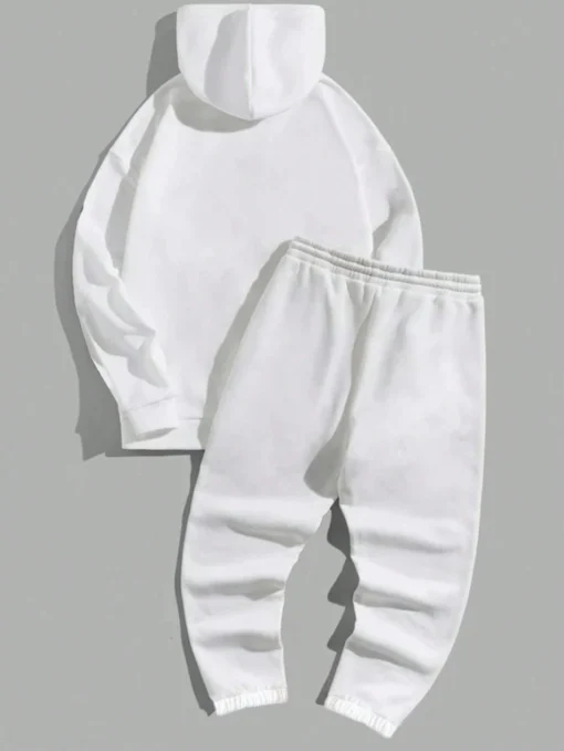 Ensemble Blanc Hommes Pantalon De Survêtement & Sweat-Shirt À Capuche À Lettres À Poche Kangourou Épaule tombante – Image 2
