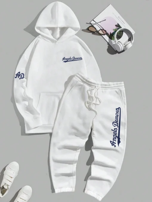 Ensemble Blanc Hommes Pantalon De Survêtement & Sweat-Shirt À Capuche À Lettres À Poche Kangourou Épaule tombante – Image 3