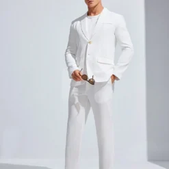 Ensemble De Costume Blanc Tissé Décontracté Et À La Mode Pour Homme image 10 | Soirée Blanche Ensemble De Costume Blanc Tissé Décontracté Et À La Mode Pour Homme image 9 | Soirée Blanche