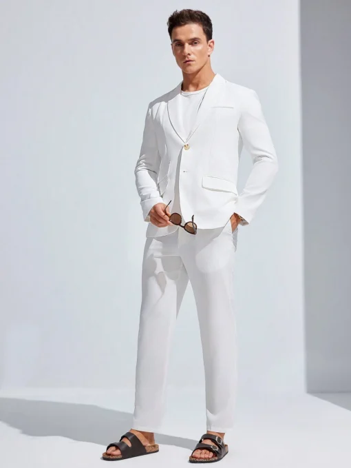 Ensemble De Costume Blanc Tissé Décontracté Et À La Mode Pour Homme – Image 3