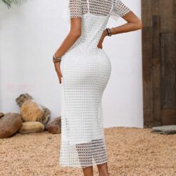 Robe de soirée d'été blanche à manches courtes à col rond pour femmes avec coupe longue et cintrée et ajourée image 7 | Soirée Blanche