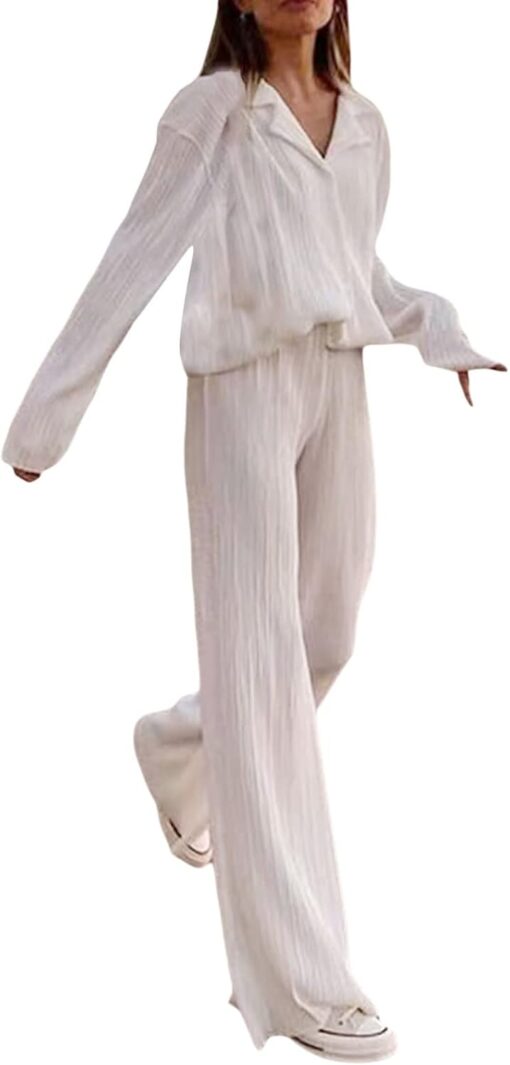 Ensemble de Tenue Décontractée pour Femmes : Chemise Plissée à Manches Longues + Pantalon – Image 2