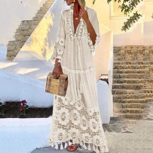 Robe Longue Blanche Dentelle Bohème – Image 3