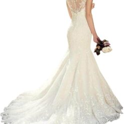 Robe de mariage en dentelle rose nude ajustée et évasée avec bretelles perlées image 5 | Soirée Blanche