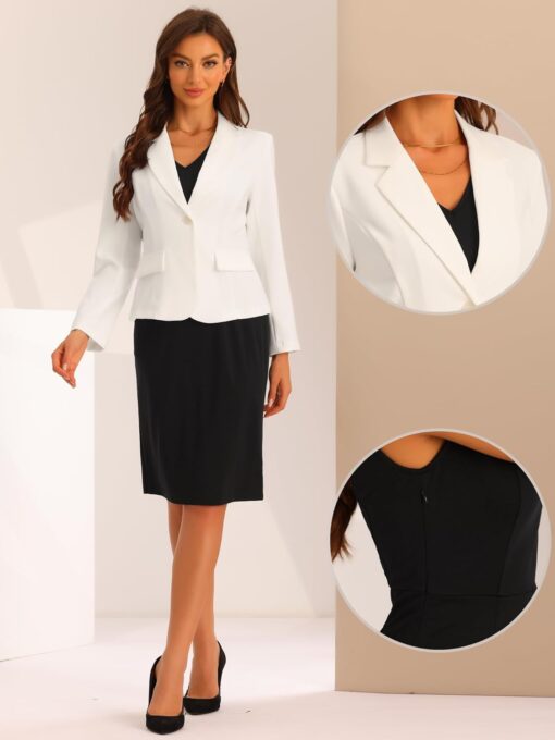 Ensemble de costume d'affaires pour femme Col en V Robe de bureau avec blazer à revers cranté – Image 3
