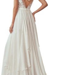 Robe de mariée longue en dentelle col en V et bretelles perlées image 9 | Soirée Blanche Robe de mariée longue en dentelle col en V et bretelles perlées image 8 | Soirée Blanche