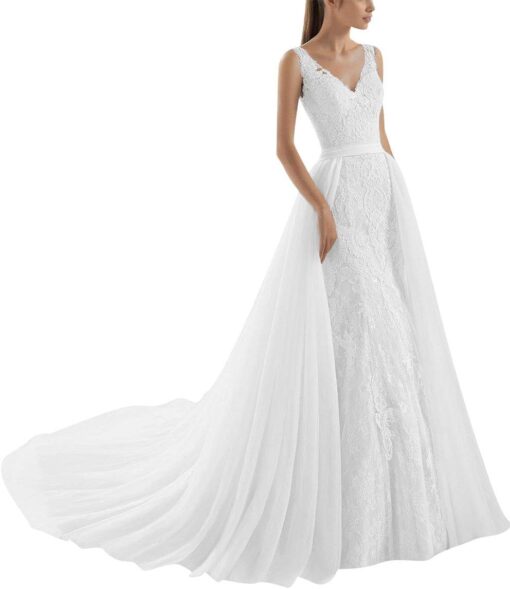 Robe de mariée en crêpe à manches longues et col V plongeant – Image 2