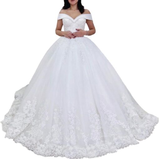 Robe De Mariée Princesse Fleurie Manche Tombante Blanche – Image 2