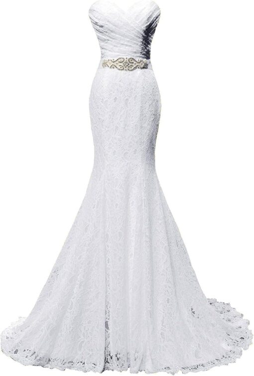 Robe de mariée A en dentelle avec décolleté en V et fleur en blush
