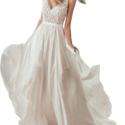 Robe de mariée longue en dentelle col en V et bretelles perlées Robe de mariée longue en dentelle col en V et bretelles perlées