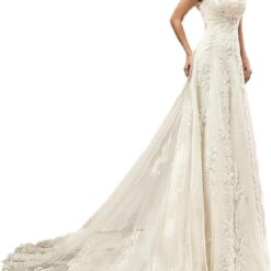 Robe de mariée rose nude en ligne A avec détails floraux et bretelles dʼillusion Robe de mariée rose nude en ligne A avec détails floraux et bretelles dʼillusion