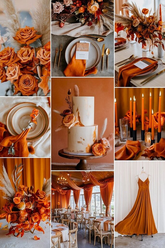 10 palettes créatives pour rendre votre journée inoubliable image 8 | Soirée Blanche Décoration de mariage orange brûlé avec des fleurs et des accents chaleureux.