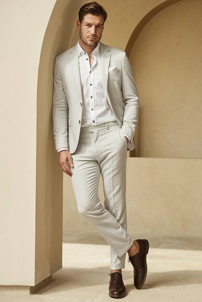15+ idées de micro-mariages qui transformeront votre espace de cérémonie et de réception image 22 | Soirée Blanche Marié en costume de couleur claire et chaussures en cuir pour micro mariage.