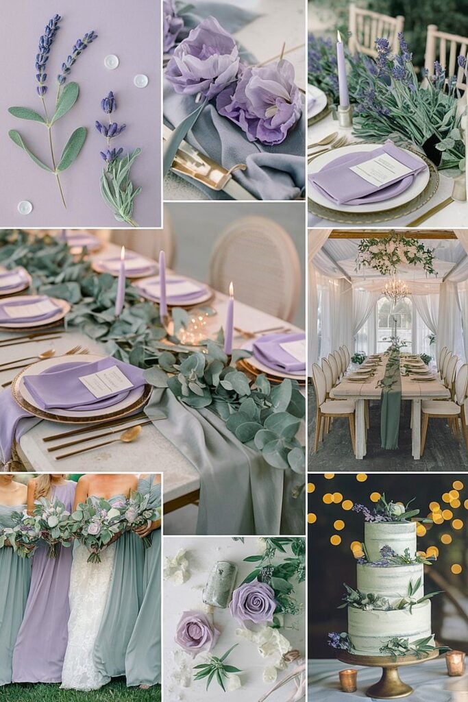 10 palettes créatives pour rendre votre journée inoubliable image 12 | Soirée Blanche Table de mariage lavande et sauge avec fleurs et verdure.